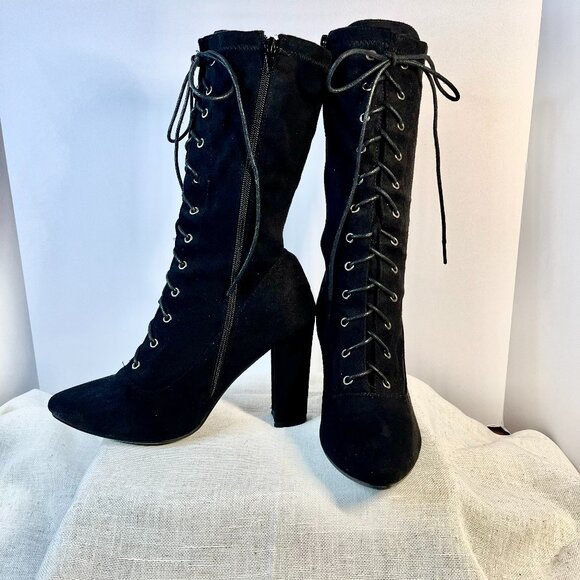 Public Desire Shoes - 🖤 Steampunk Staple!  Lace-Up Mid-Calfs – Black Pointed Toe -Solid Heels